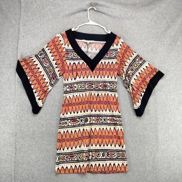 Trina Turk Sheath Dress Womens Size 0 100% Silk Orange Blue Tribal Print Bell - Picture 1 of 12